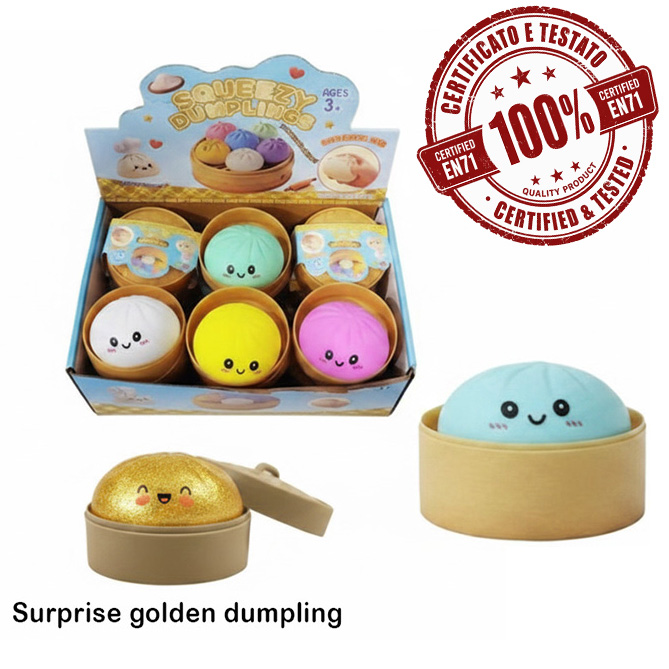 SQUISHY Ravioli (Dumpling) 8,5cm TPR+PVA in display da 12pz (Un Raviolo Glitter Gold TPR+Gel a Sorpresa) 6ass…x12…x72